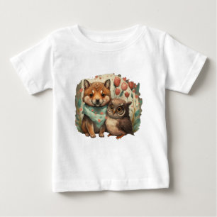Camiseta Para Bebê Filhote de lobo fofo e coruja