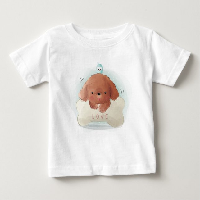 Camiseta Para Bebê Filhote Fofo com um Pássaro e Osso (Frente)