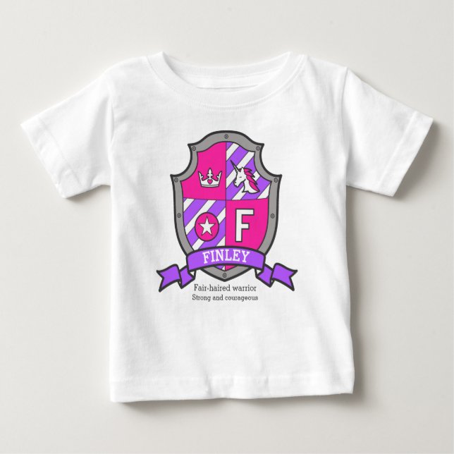 Camiseta Para Bebê Finley name significa unicórnio princesa, letra F (Frente)