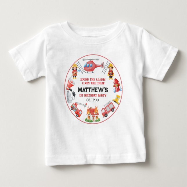 Camiseta Para Bebê Firetrucks Boy 1st Birthday | Cute Little party (Frente)