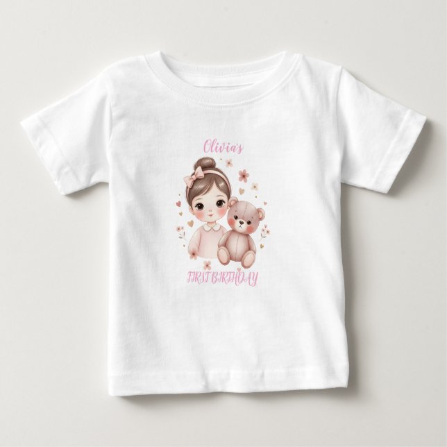 Camiseta Para Bebê First Birthday Cute Teddy Fall Girl  (Frente)