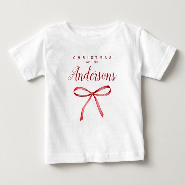Camiseta Para Bebê Fita vermelha de Natal correspondente à família (Frente)