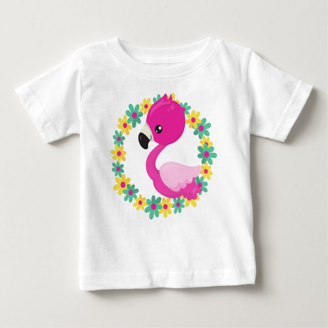 Camiseta Para Bebê Flamingo, Baby Flamingo, Bird, Flores (Frente)