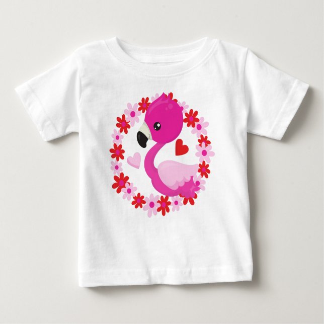 Camiseta Para Bebê Flamingo Bonito, Flamingo Rosa, Pássaro, Flores, C (Frente)