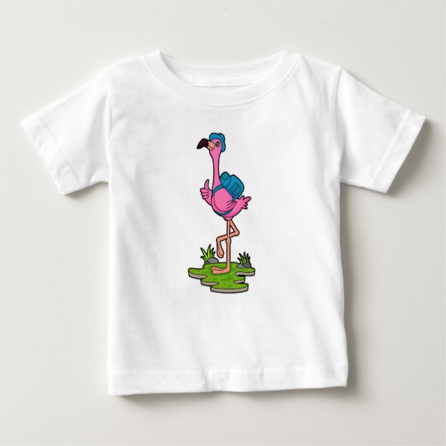 Camiseta Para Bebê Flamingo como Hiker com mochila (Frente)