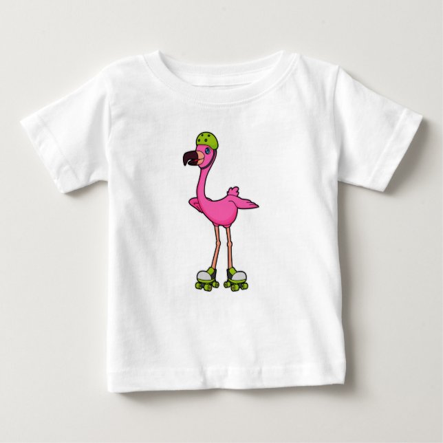 Camiseta Para Bebê Flamingo como Skater com skates Roller e Capacetes (Frente)