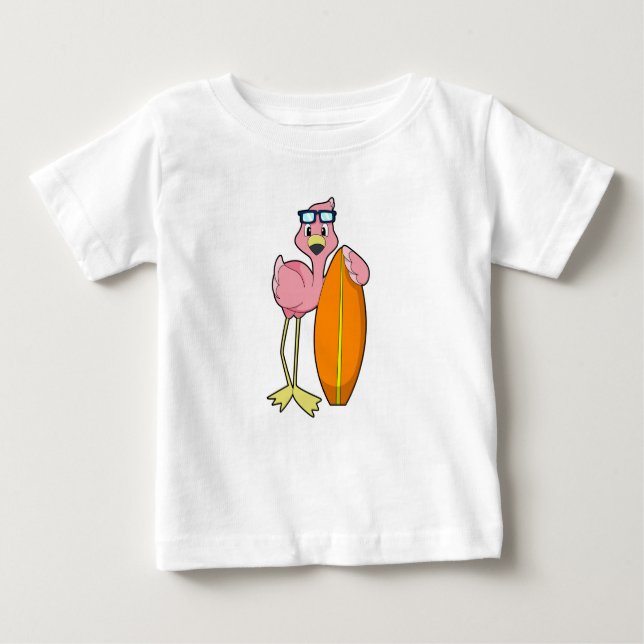 Camiseta Para Bebê Flamingo como Surfer com Surfboard.PNG (Frente)