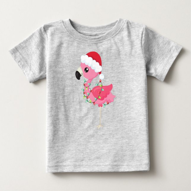 Camiseta Para Bebê Flamingo de Natal, Chapéu Santa, Luzes de Natal (Frente)