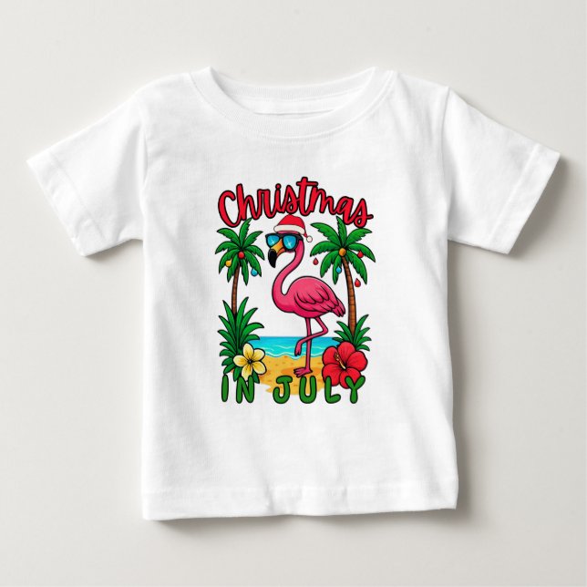 Camiseta Para Bebê Flamingo de Natal em Julho (Frente)
