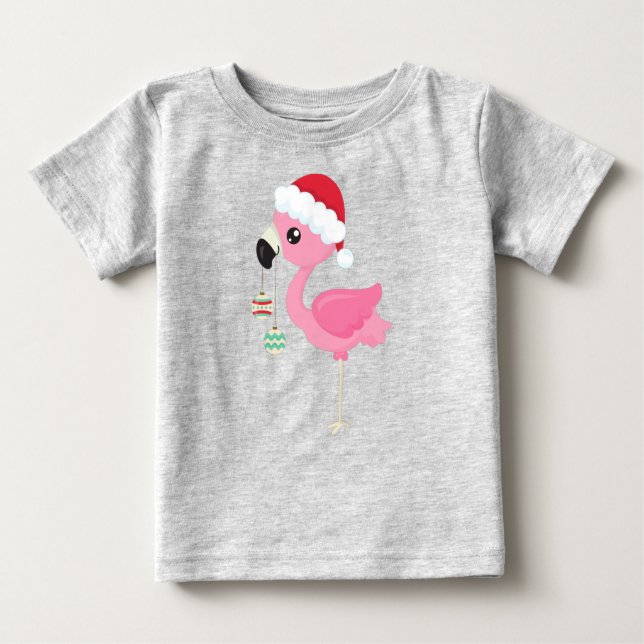 Camiseta Para Bebê Flamingo de Natal, Santa Hat, Enfeites de natal (Frente)