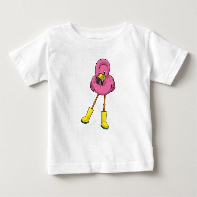 Camiseta Para Bebê Flamingo na chuva com botas de borracha (Frente)