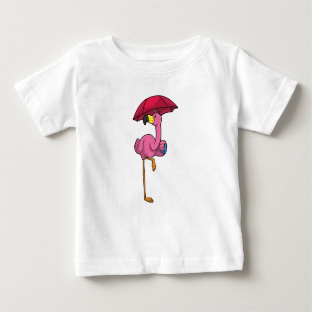 Camiseta Para Bebê Flamingo na chuva com guarda-chuva (Frente)