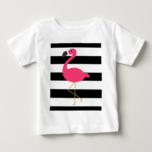 Camiseta Para Bebê Flamingo preto e branco do rosa da listra (Frente)