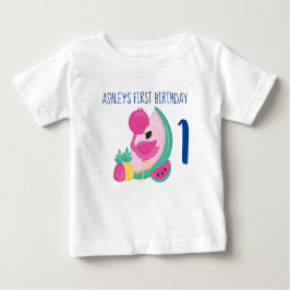Camiseta Para Bebê Flamingo Rosa com Frutas Primeiro Aniversário