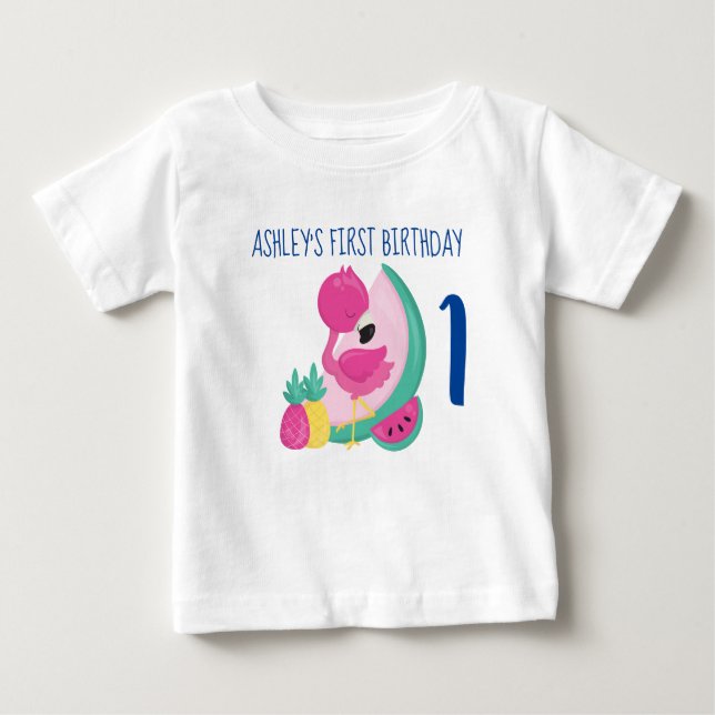 Camiseta Para Bebê Flamingo Rosa com Frutas Primeiro Aniversário (Frente)