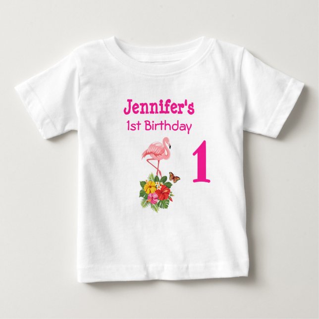 Camiseta Para Bebê Flamingo Rosa primeiro aniversario e Hibisco Tropi (Frente)