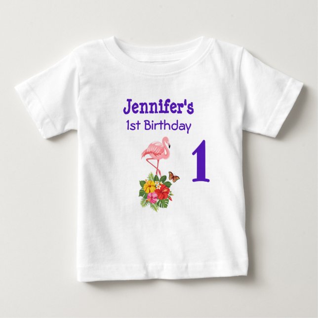 Camiseta Para Bebê Flamingo Rosa primeiro aniversario e Hibisco Tropi (Frente)