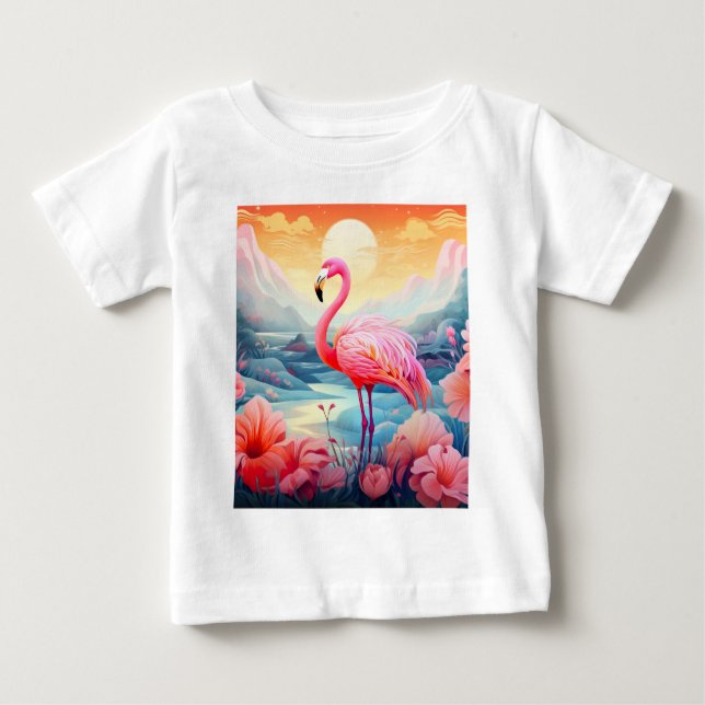 Camiseta Para Bebê Flamingo Tropical com Flores (Frente)