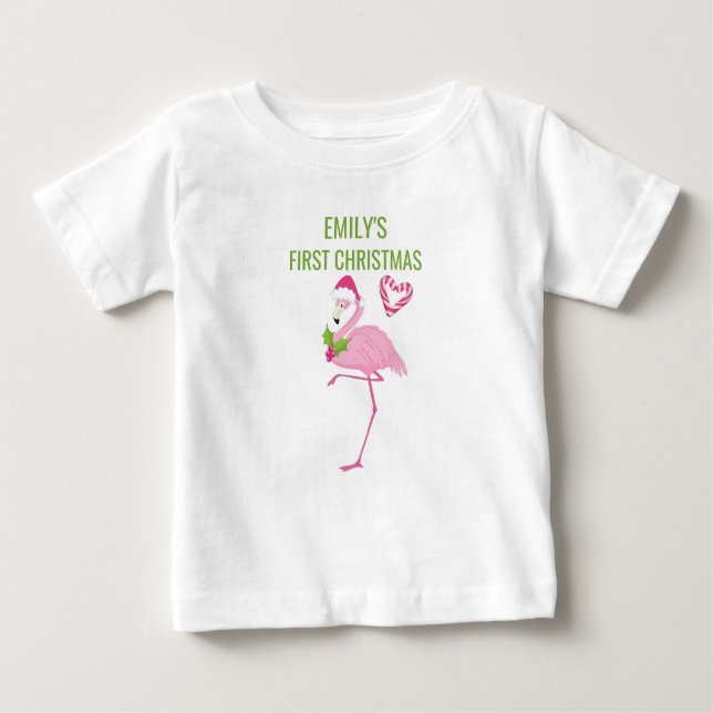 Camiseta Para Bebê Flamingo Tropical Rosa Primeiro Natal (Frente)