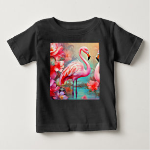 Camiseta Para Bebê Flamingos rosa em um lago com flores-20231