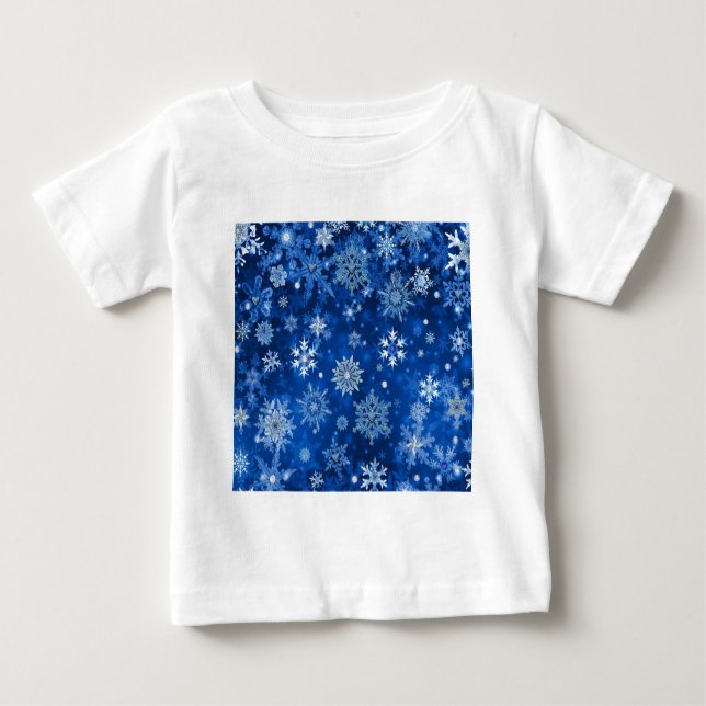 Camiseta Para Bebê Flocos de neve de Natal Azul e Prata (Frente)