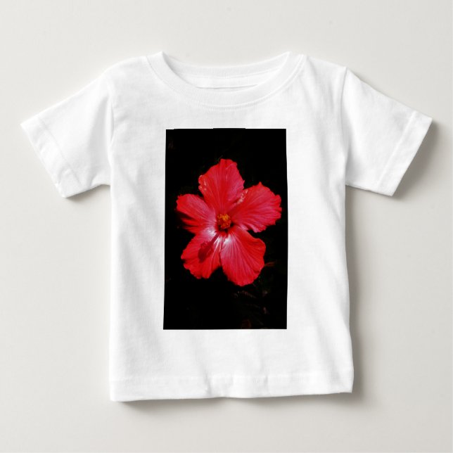 Camiseta Para Bebê Flor de Hibiscus Vermelho Rosa-Quente a Preto (Frente)