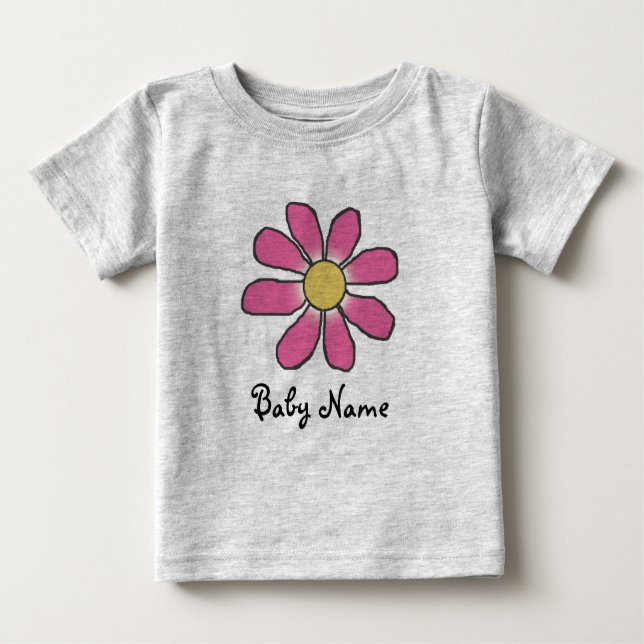 Camiseta Para Bebê Flor rosa doce com nome de bebê personalizado (Frente)