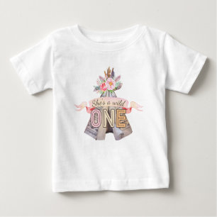 Camiseta Para Bebê Floral Boho Tribal Teepee Wild One primeiro aniver