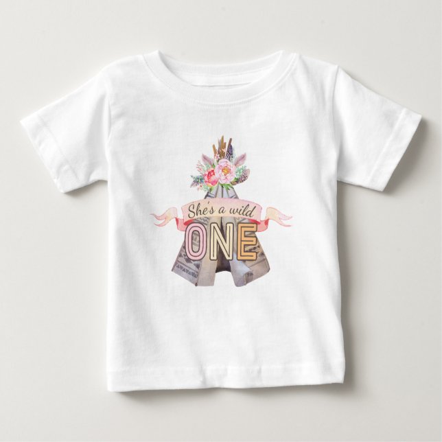 Camiseta Para Bebê Floral Boho Tribal Teepee Wild One primeiro aniver (Frente)