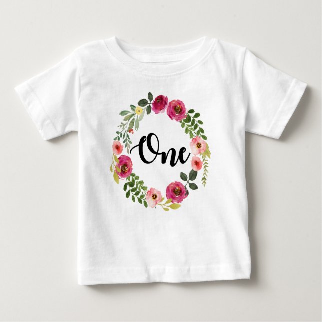 Camiseta Para Bebê Floral de primeiro aniversário (Frente)