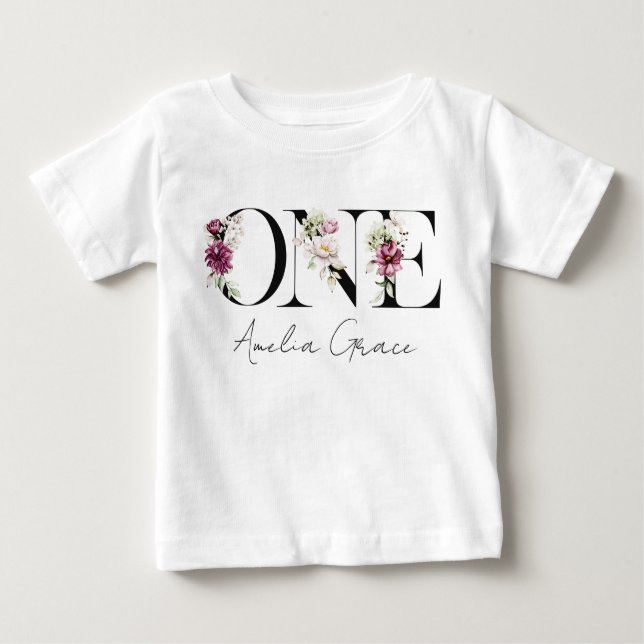 Camiseta Para Bebê Floral ONE Conjunto de Primeiro Aniversário + Nome (Frente)
