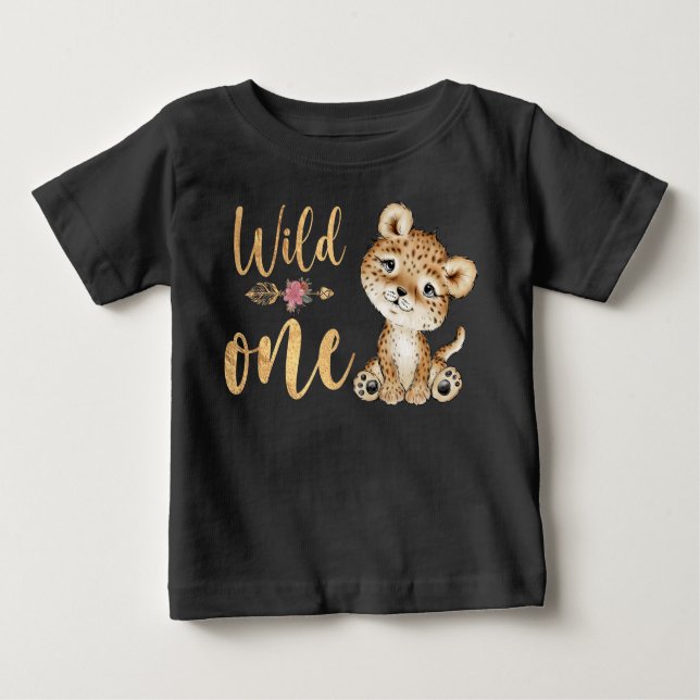 Camiseta Para Bebê Floral Safari Wild One Leopard primeiro aniversari (Frente)