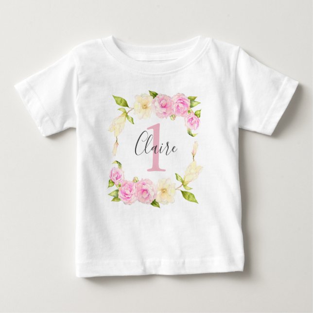 Camiseta Para Bebê Floral Wreath Pink Girl Primeiro Aniversário (Frente)