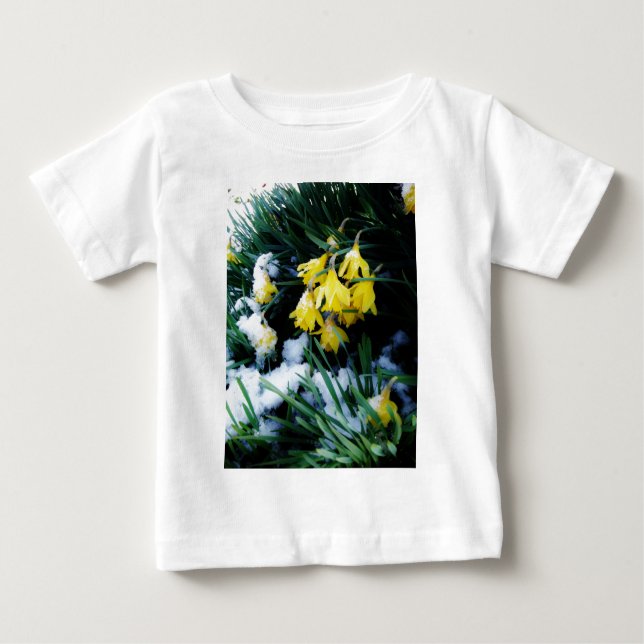 Camiseta Para Bebê Flores amarelas Daffodils na neve (Frente)