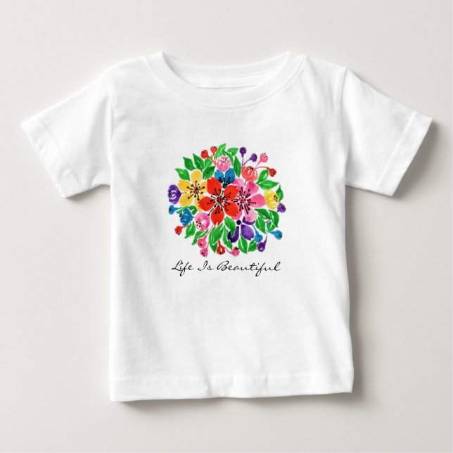 Camiseta Para Bebê Flores arco-íris de aquarela (Frente)