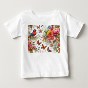 Camiseta Para Bebê Flores Coloridas Aves Borboleta Modelo Moderna