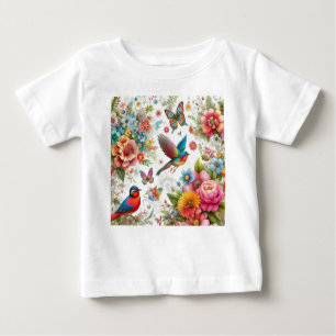 Camiseta Para Bebê Flores Coloridas Personalizadas Aves Borboleta Mod