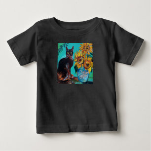 CAMISETA PARA BEBÊ FLORES COM GATO EM TURQUOISMO AZUL
