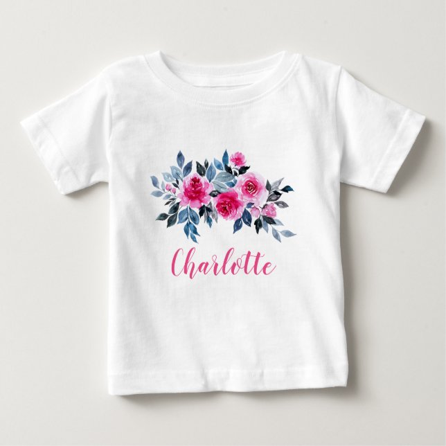 Camiseta Para Bebê Flores de Aquarela Rosa Personalizadas (Frente)