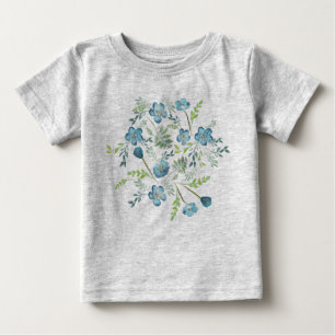 Camiseta Para Bebê Flores de Aquarelas Verdes Azuis Elegantes Boho