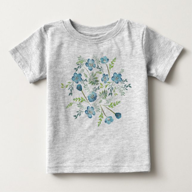 Camiseta Para Bebê Flores de Aquarelas Verdes Azuis Elegantes Boho (Frente)