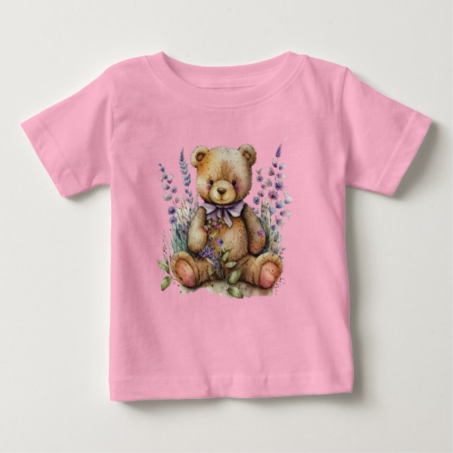 Camiseta Para Bebê Flores de Lavanda do Urso Castanho (Frente)