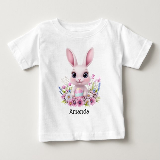 Camiseta Para Bebê Flores Rosa Bonitas com Ovos de Páscoa (Frente)