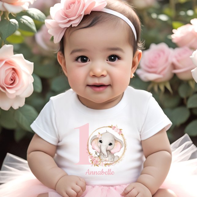 Camiseta Para Bebê Flores Rosa-Elefante-Cor-de-Rosa-Bonito (Cute Elephant Pink Flowers Girl Baby T-Shirt)