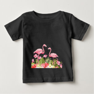 Camiseta Para Bebê Flores Tropicais e Design de Flamingos