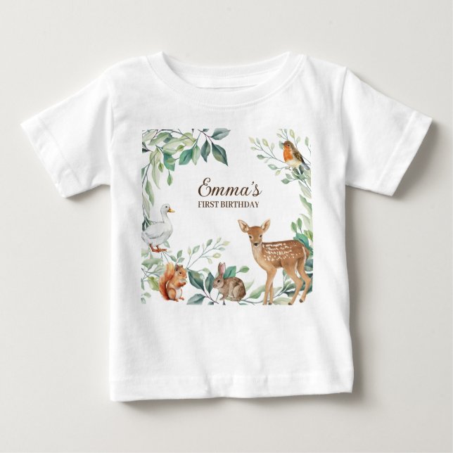 Camiseta Para Bebê Floresta Florestal Florestal Primeiro Aniversário (Frente)