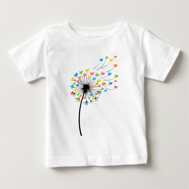 Camiseta Para Bebê Flying colorful birds dandelion flow (Frente)