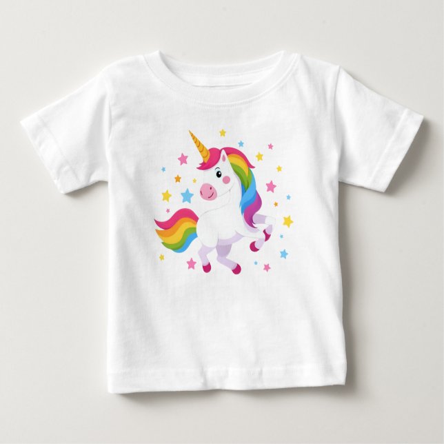 Camiseta Para Bebê Flying Rainbow Unicorn With Stars (Frente)