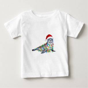 Camiseta Para Bebê Foca Festiva Coberta com Luzes de Natal