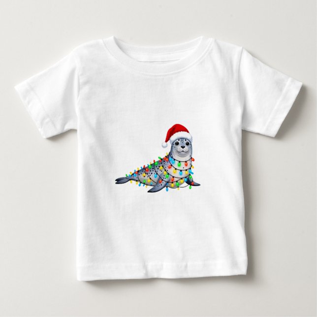 Camiseta Para Bebê Foca Festiva Coberta com Luzes de Natal (Frente)
